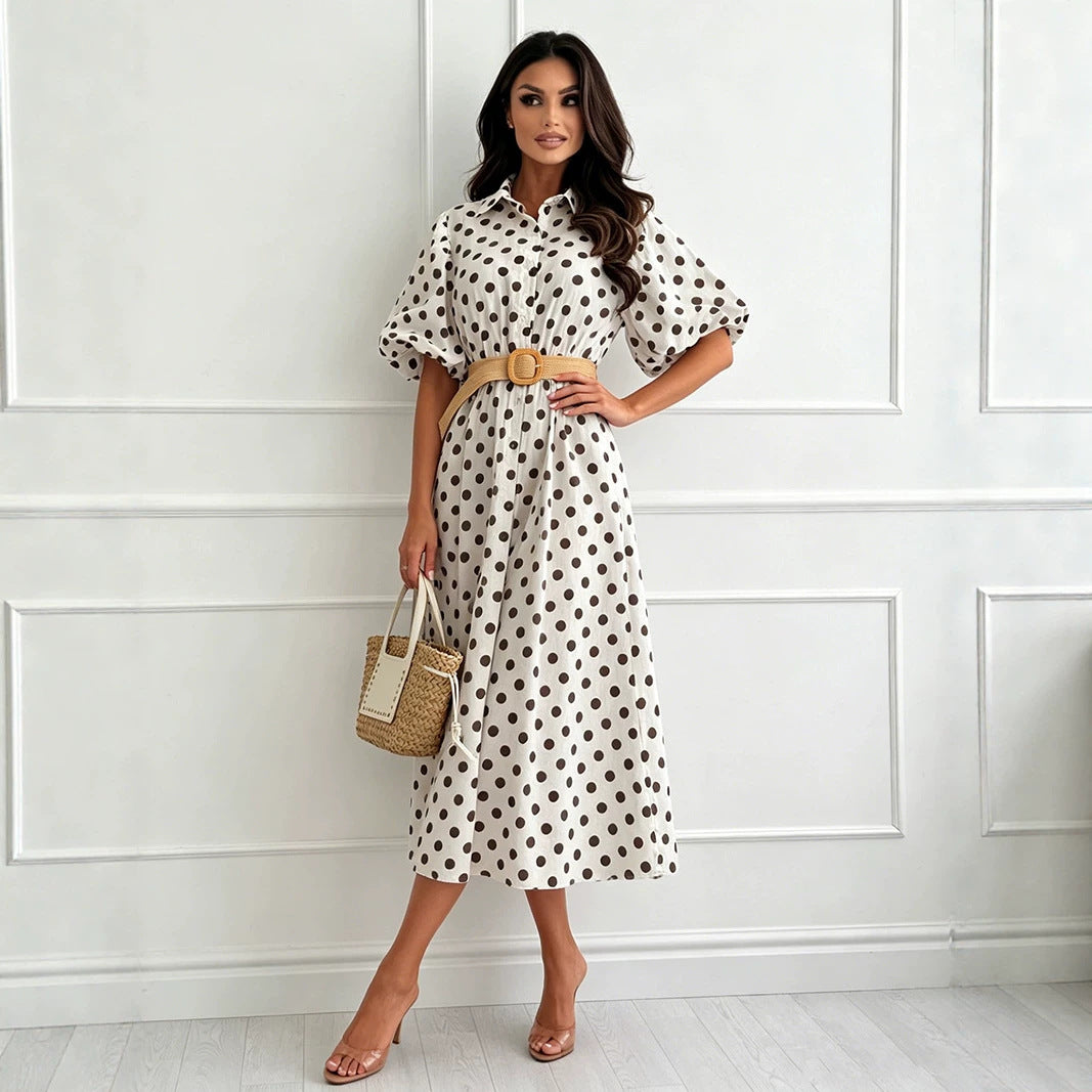 Polka-Dot Midi Dress with Three-Quarter Sleeves | Elegant Dress