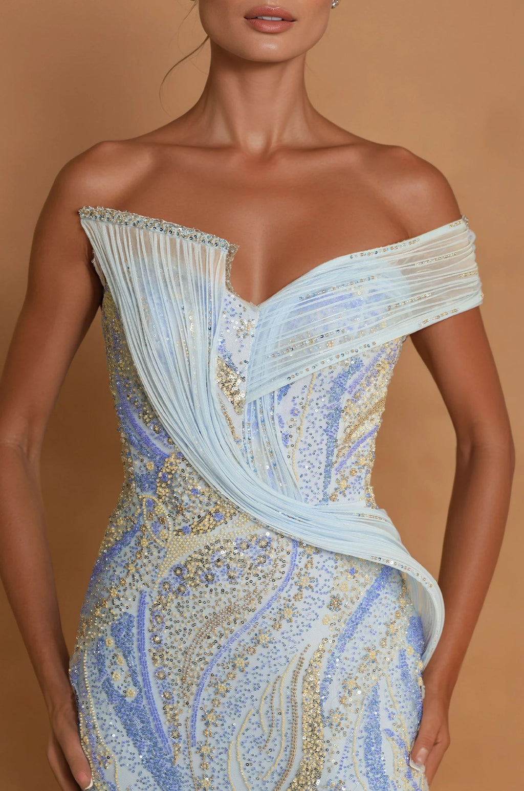 Paris Blue beaded off-the-shoulder couture evening gown, front view