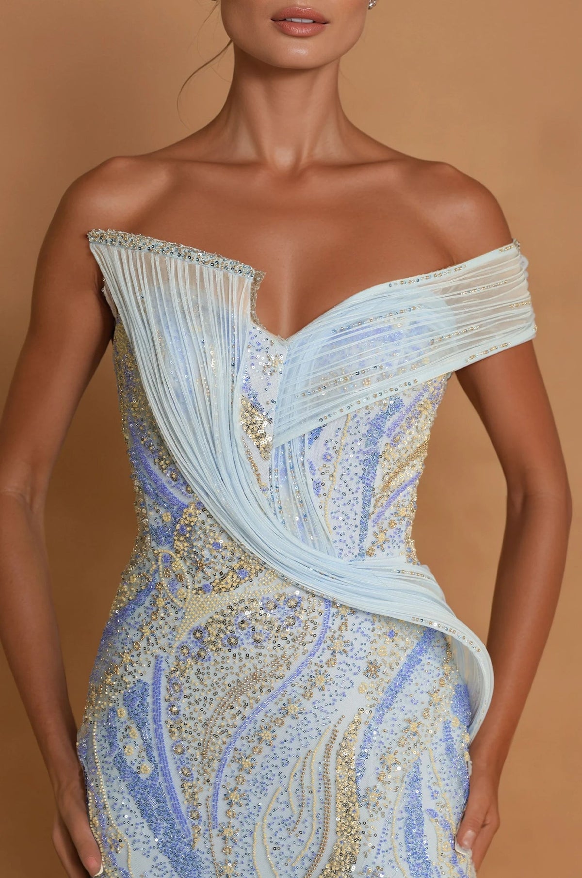Paris Blue beaded off-the-shoulder couture evening gown, front view