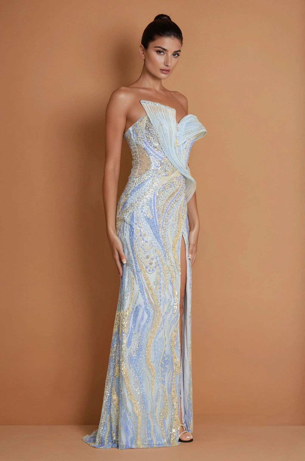 Paris Blue beaded column gown, detail view
