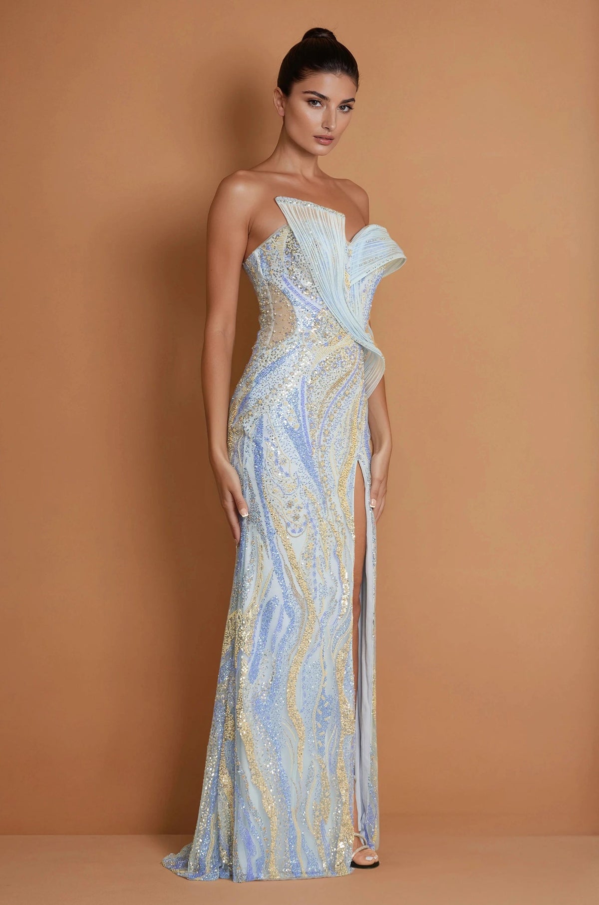 Paris Blue beaded column gown, detail view