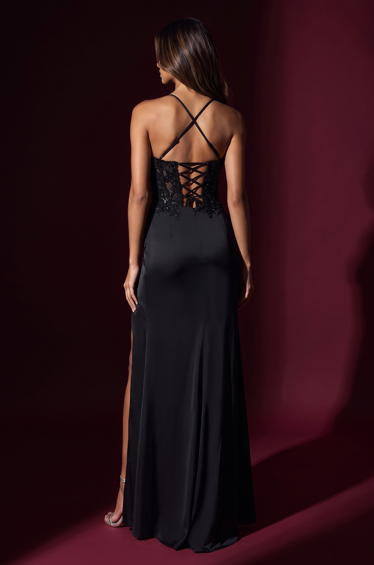 Noir Riviera black sequin floral lace bodice mermaid evening gown, image 2 of 4