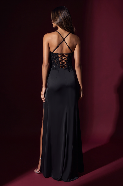 Noir Riviera black sequin floral lace bodice mermaid evening gown, image 2 of 4