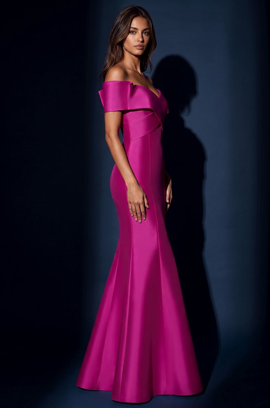Fuchsia Mikado off-shoulder mermaid evening gown, back view