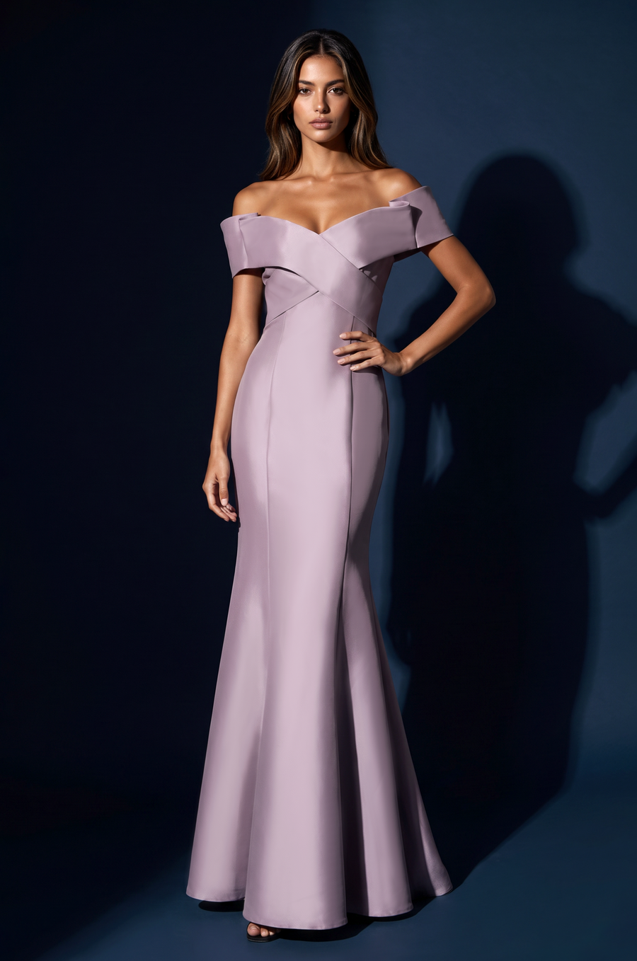 Lilac Mikado off-shoulder criss cross mermaid evening gown, front view