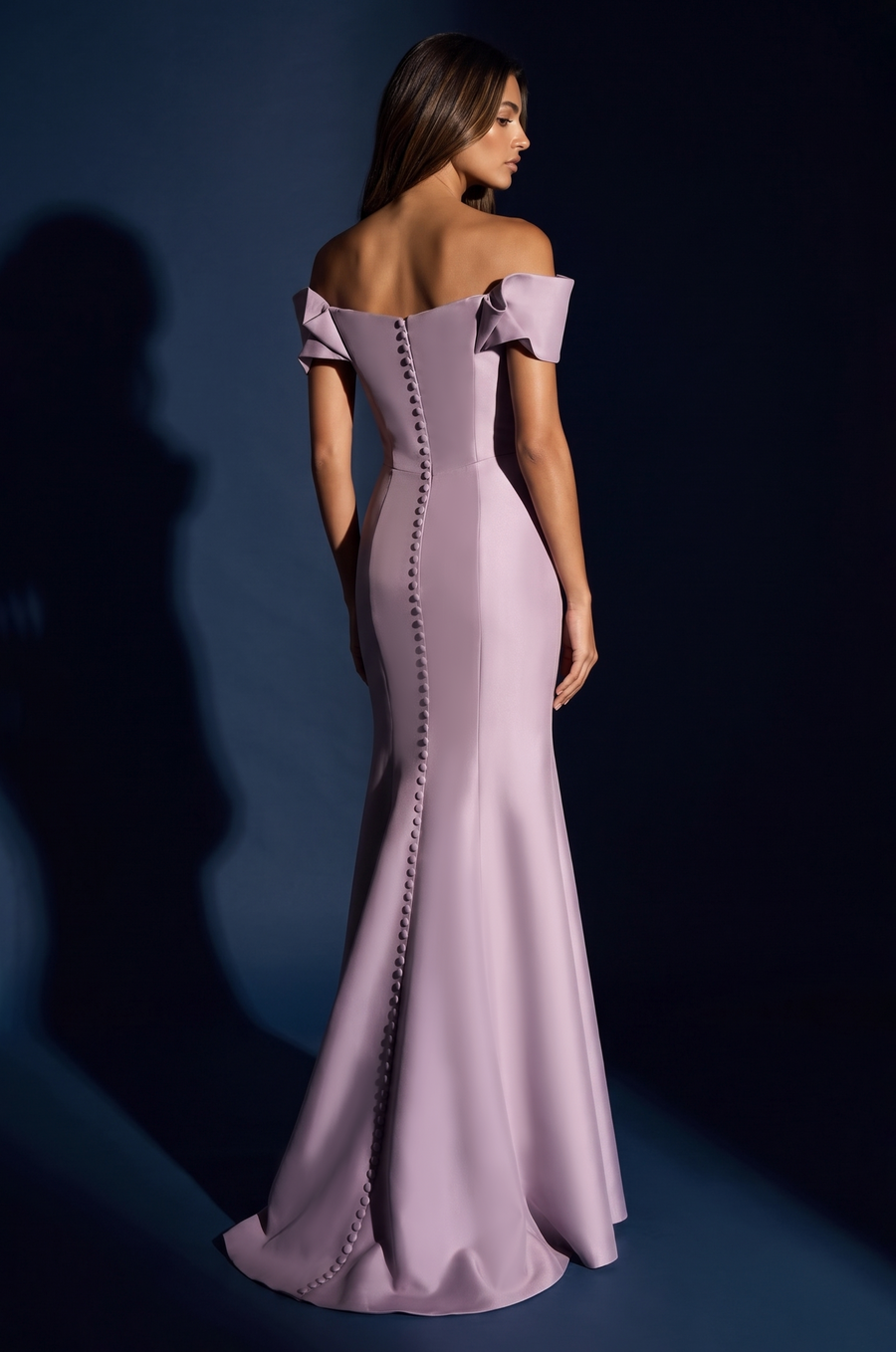 Lilac Mikado off-shoulder mermaid evening gown, side view