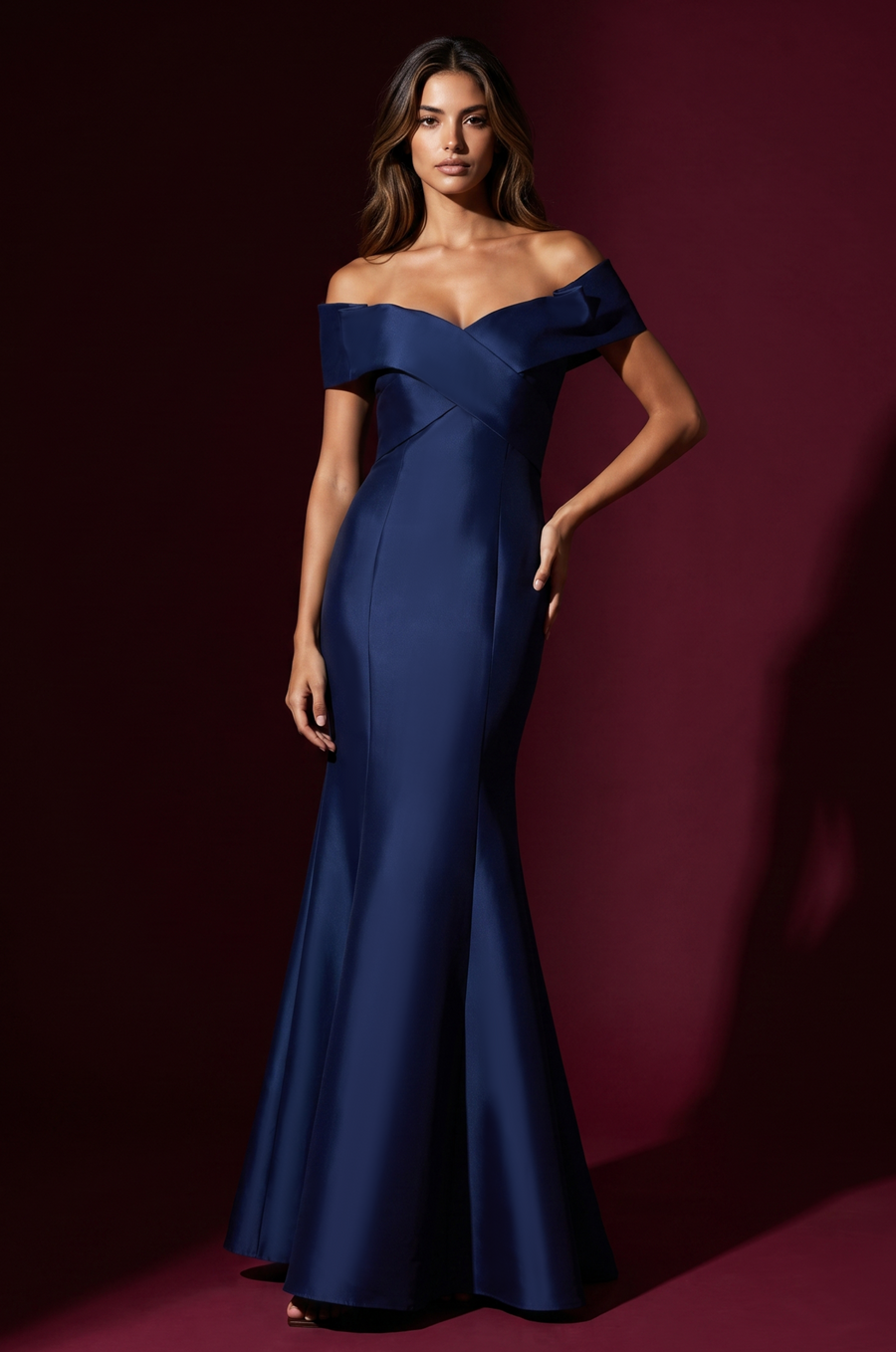 Navy Mikado off-shoulder criss cross mermaid evening gown, front view