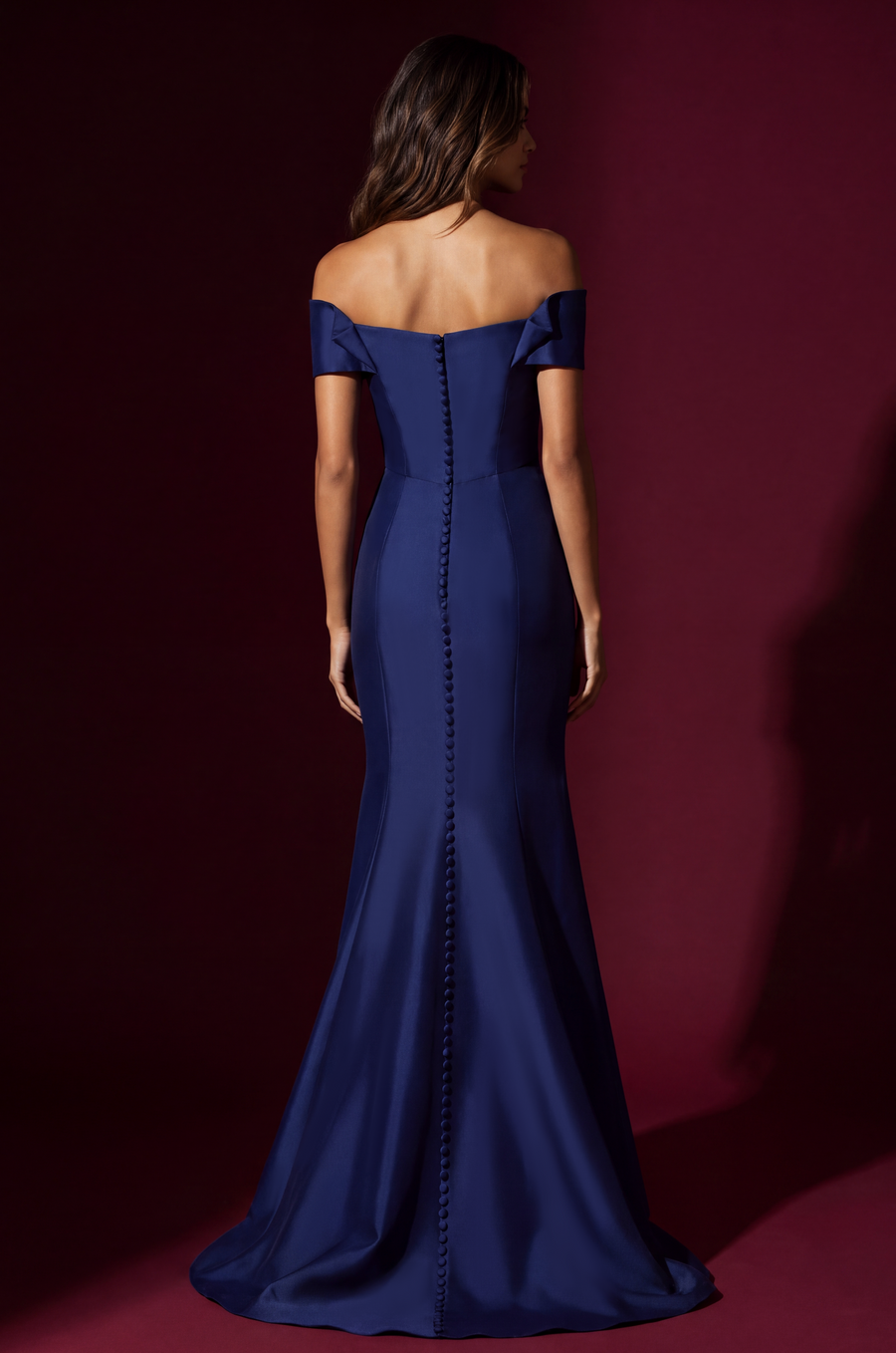 Navy Mikado off-shoulder mermaid evening gown, side view