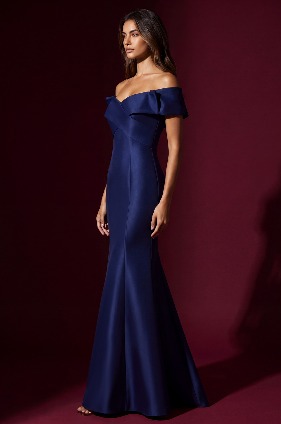 Navy Mikado off-shoulder mermaid evening gown, back view