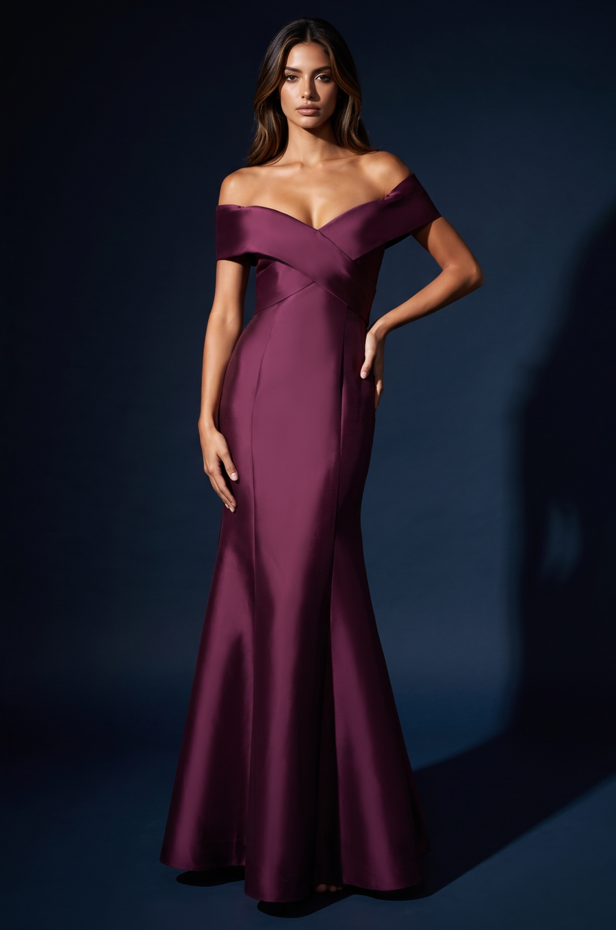 Plum Mikado off-shoulder criss cross mermaid evening gown, front view