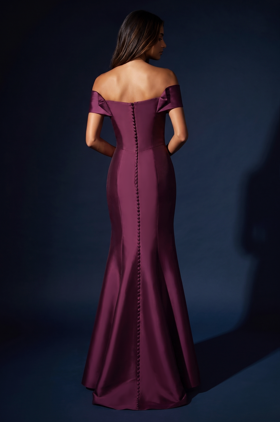 Plum Mikado off-shoulder mermaid evening gown, side view