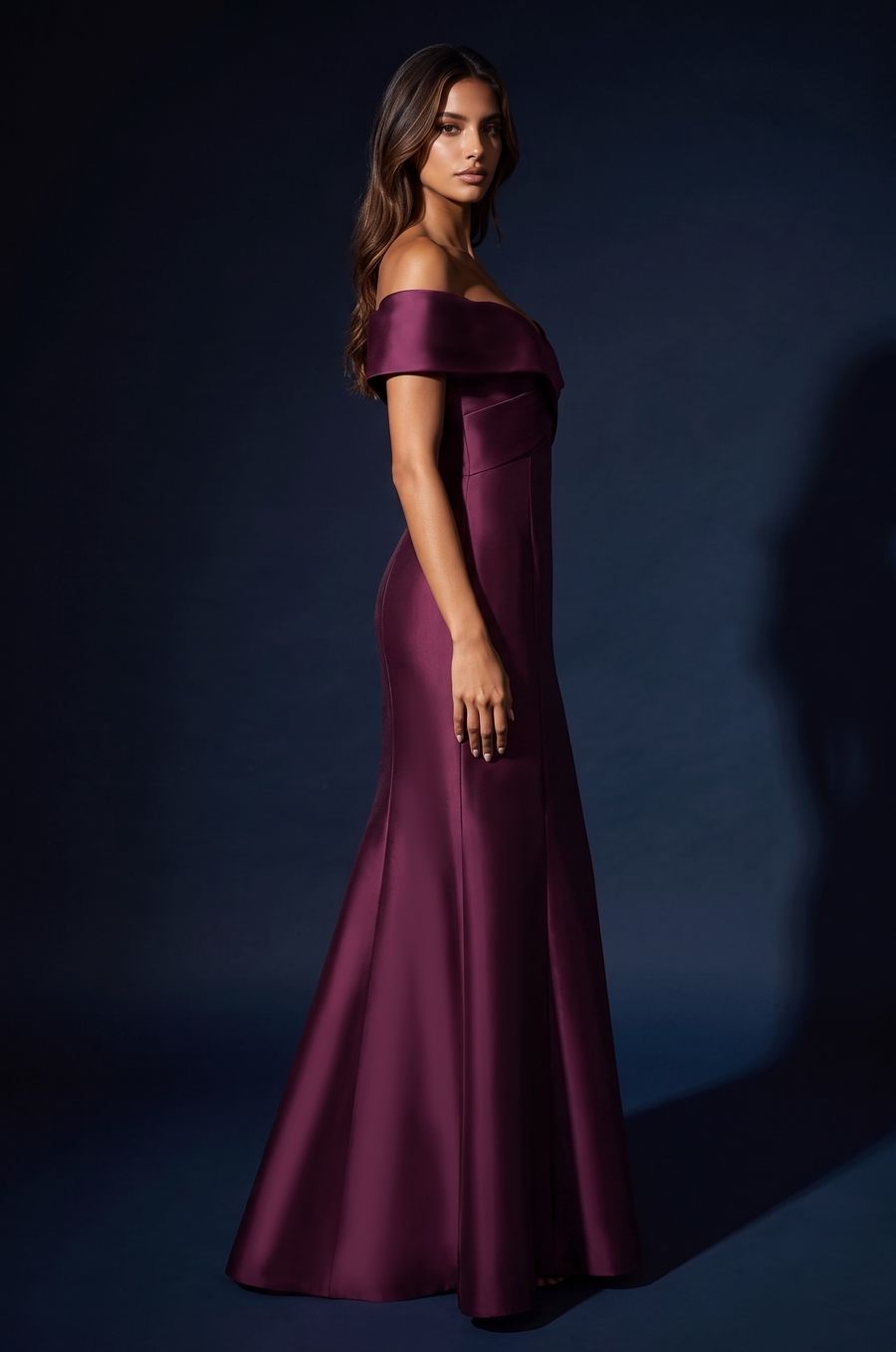 Plum Mikado off-shoulder mermaid evening gown, back view