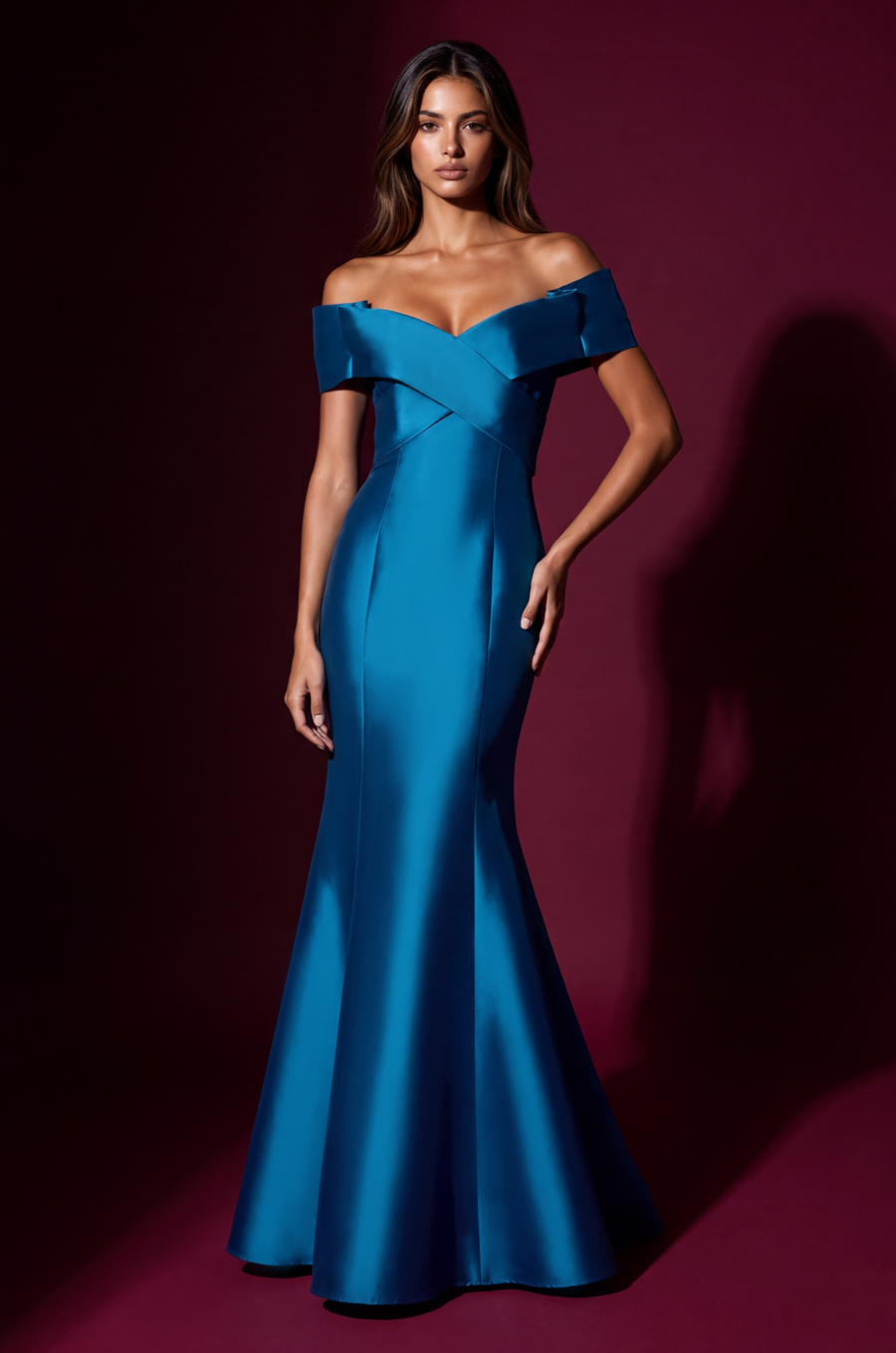 Teal Mikado off-shoulder criss cross mermaid evening gown, front view