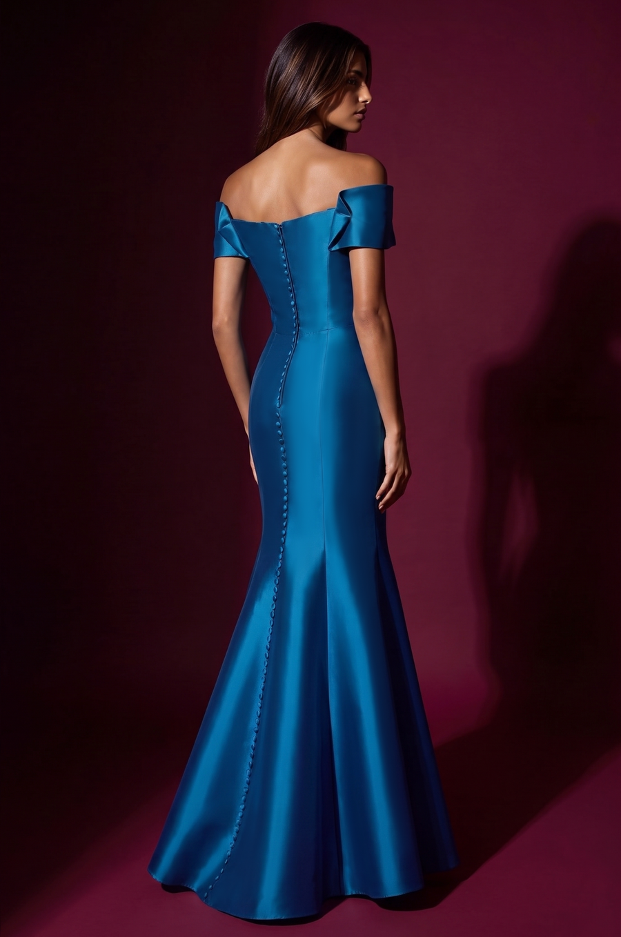 Teal Mikado off-shoulder mermaid evening gown, side view