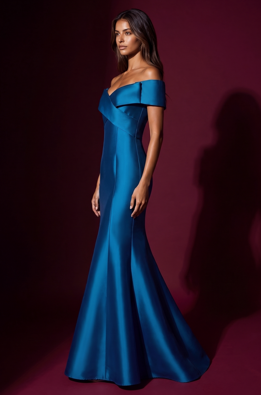 Teal Mikado off-shoulder mermaid evening gown, back view