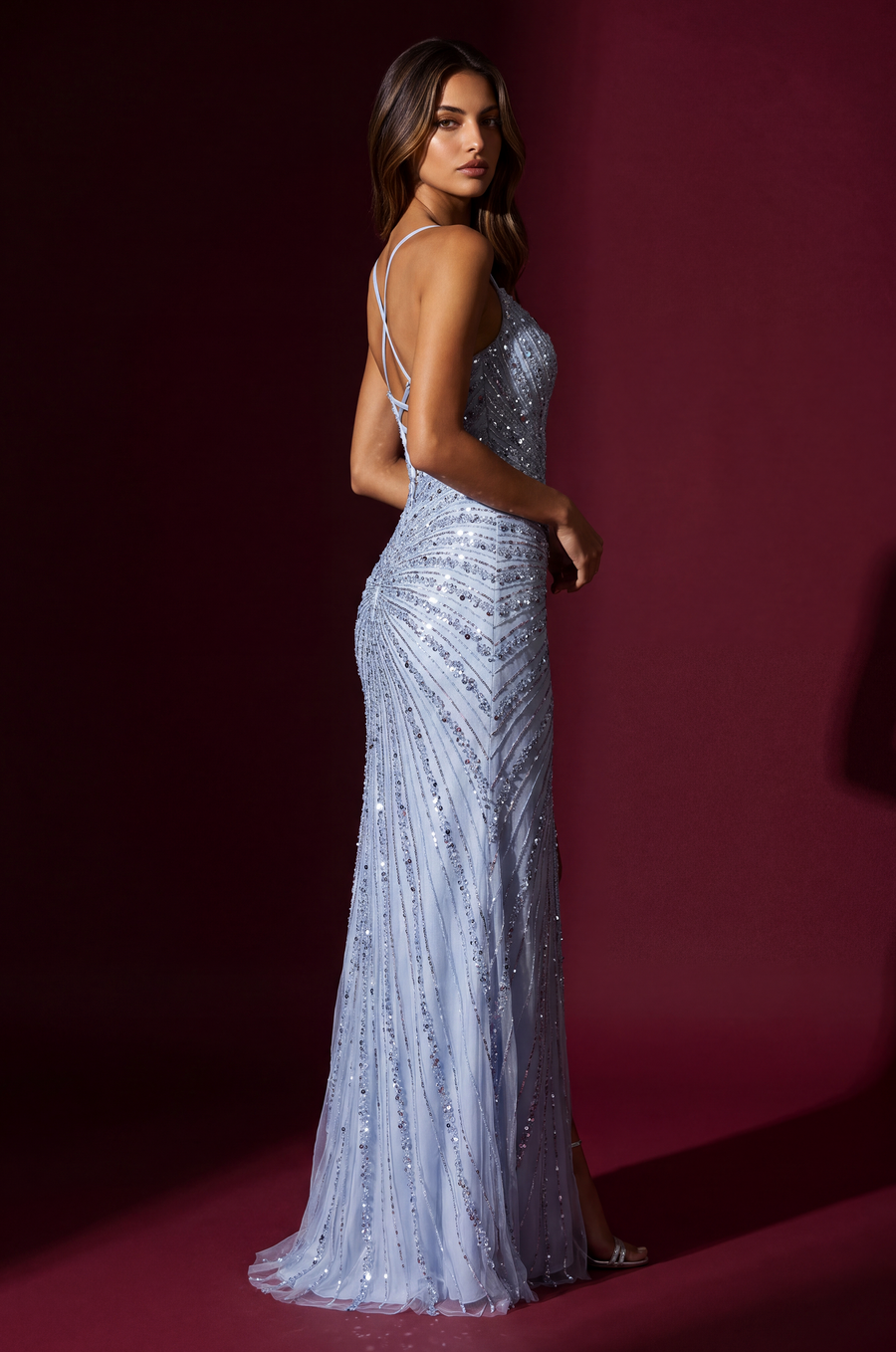 Sweetheart sequin mermaid maxi evening gown in Light Blue, back view