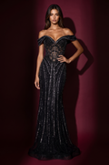 Sequin Beaded Off-Shoulder Mermaid Evening Gown in Black