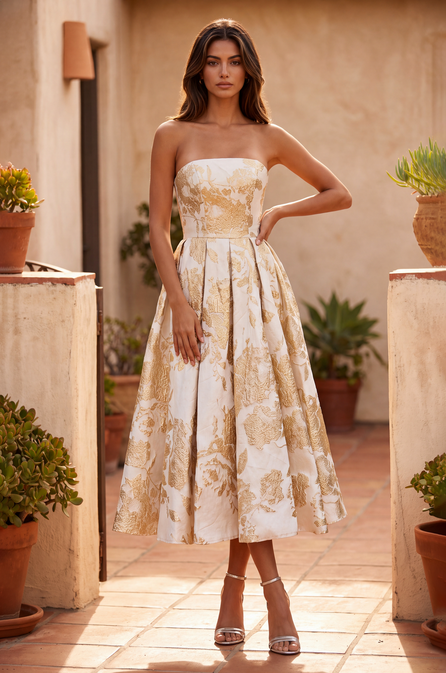 Strapless gold metallic floral jacquard midi cocktail dress, front view