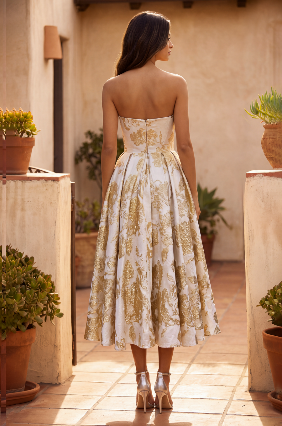 Strapless gold metallic floral jacquard midi cocktail dress, side view