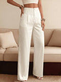 High Waist Wide Leg Pants with Lace Trim Waistband and Tailo