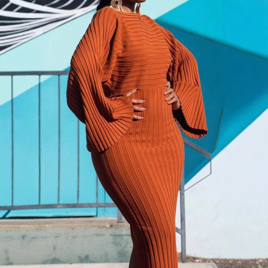 Ribbed Knit Long Sleeve Bell Sleeve Bodycon Dress | Women's Statement Sweater Dress