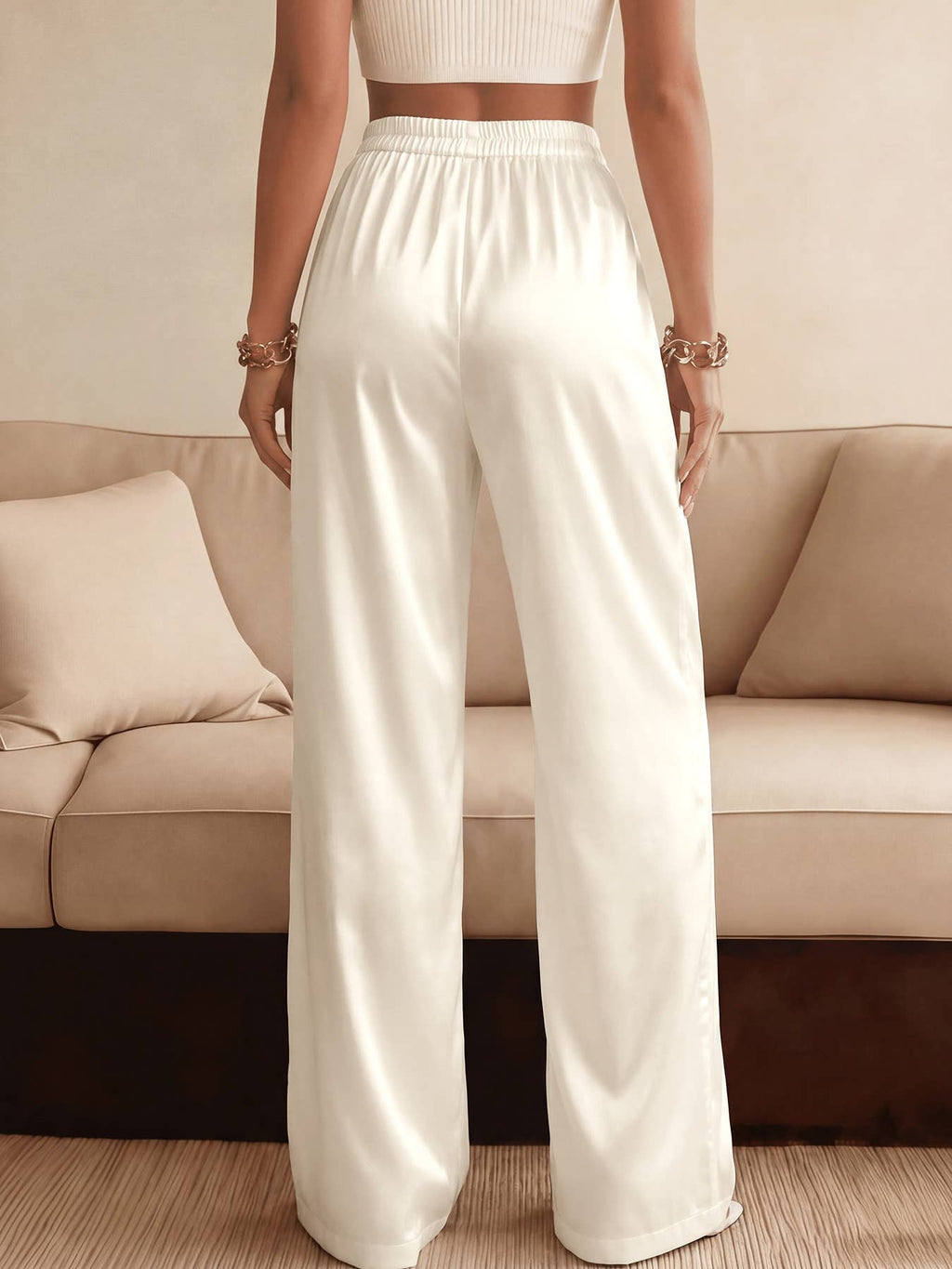 High Waist Wide Leg Pants with Lace Trim Waistband and Tailo