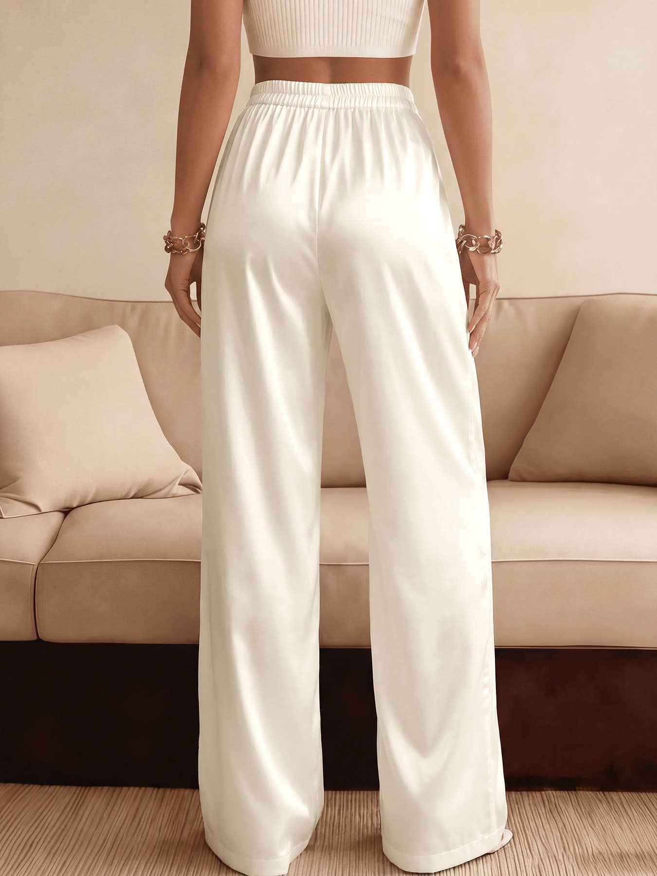 High Waist Wide Leg Pants with Lace Trim Waistband and Tailo