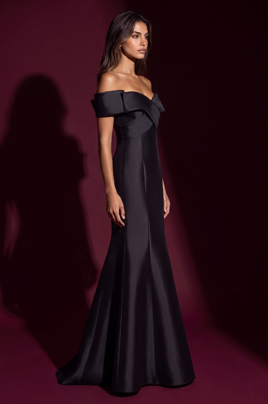 Black Mikado off-shoulder mermaid evening gown, back view
