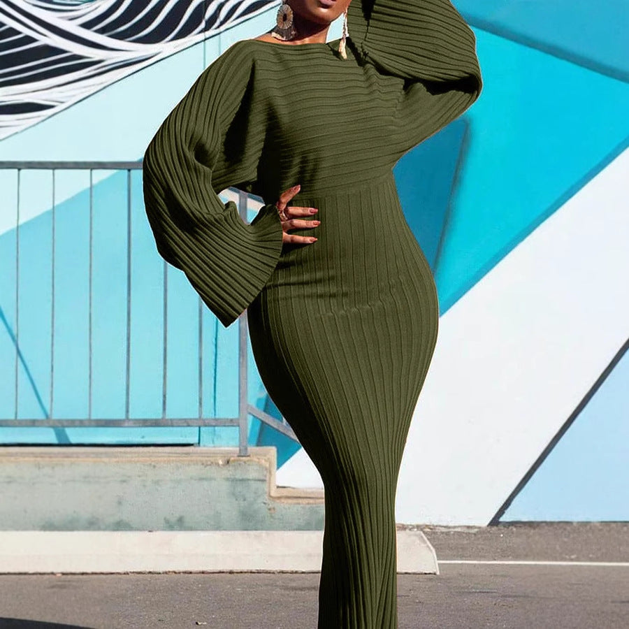 Ribbed Knit Long Sleeve Bell Sleeve Bodycon Dress | Women's Statement Sweater Dress