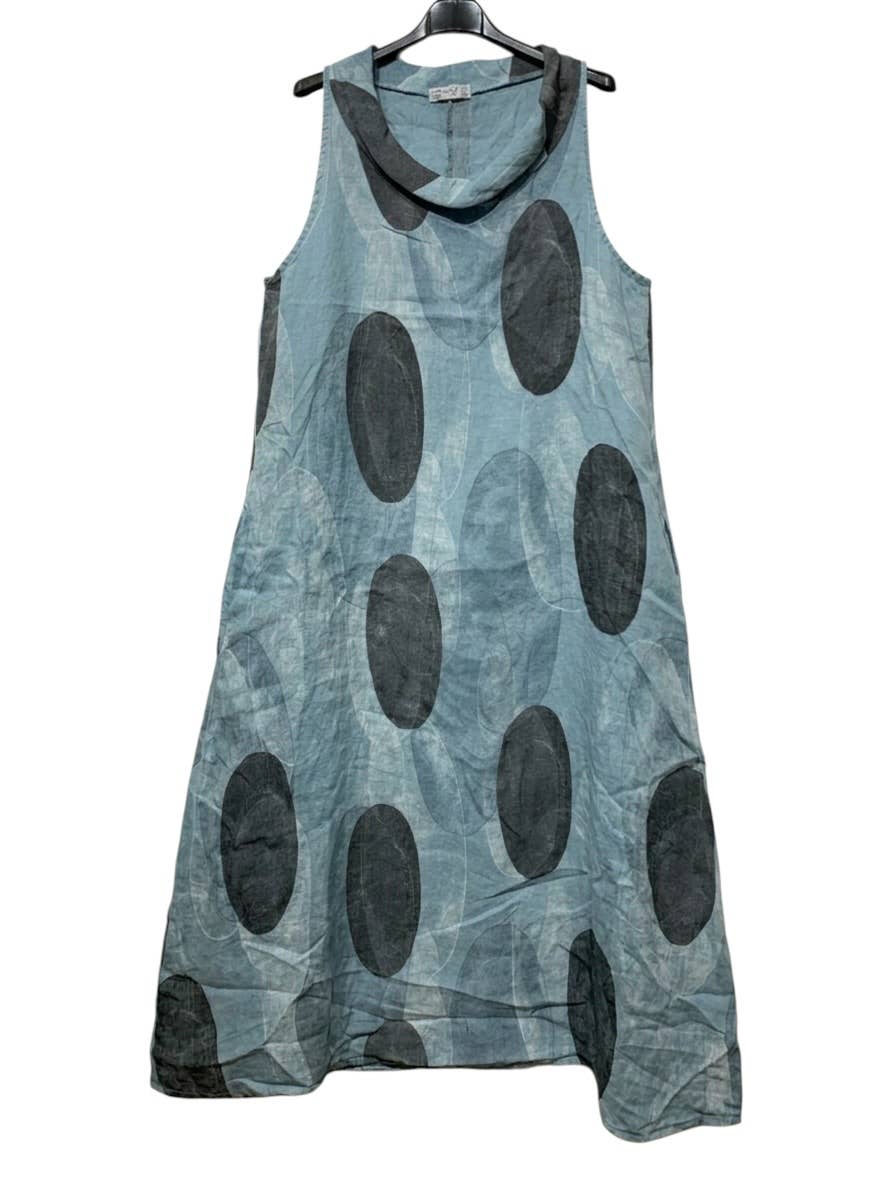 A Long Linen Dress with Oval Motifs and Draped Neckline