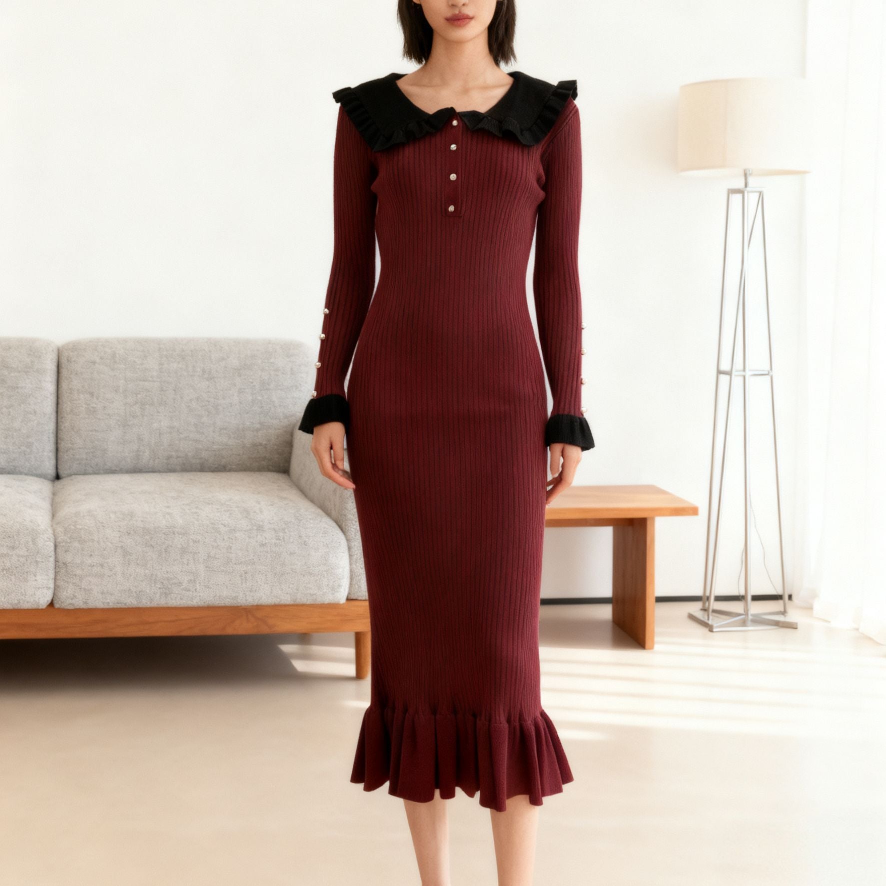 Ruffle Trim Knitted Midi Dress |  Lotus leaf Collar Long Sleeve