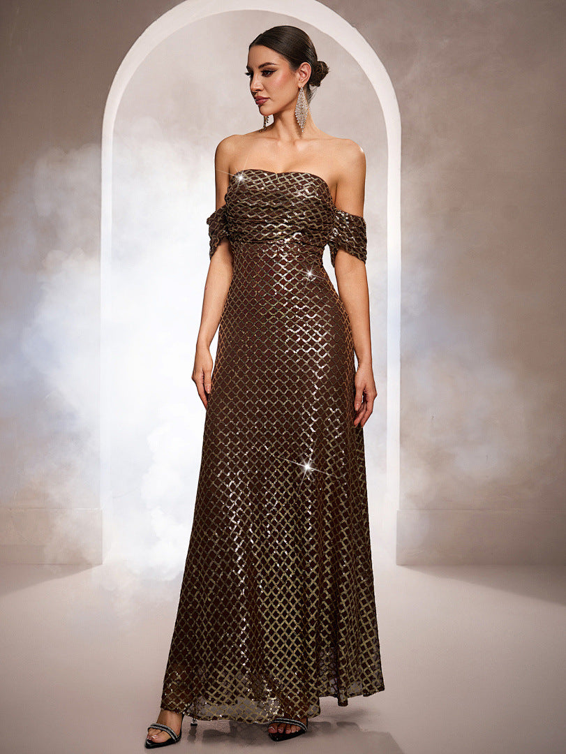 Sequined Off-the-Shoulder A-Line Evening Gown | Noir Riviera
