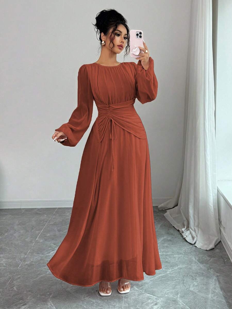 Long-Sleeve Waist-Cinching Dress | Elegant Fitted Dress for Women
