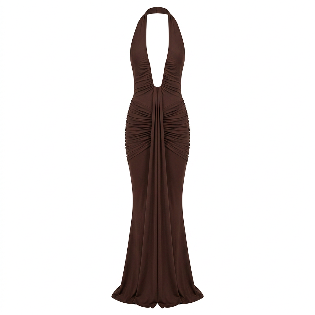 Ruched Plunge Halter Maxi Dress with Side Ruched Details