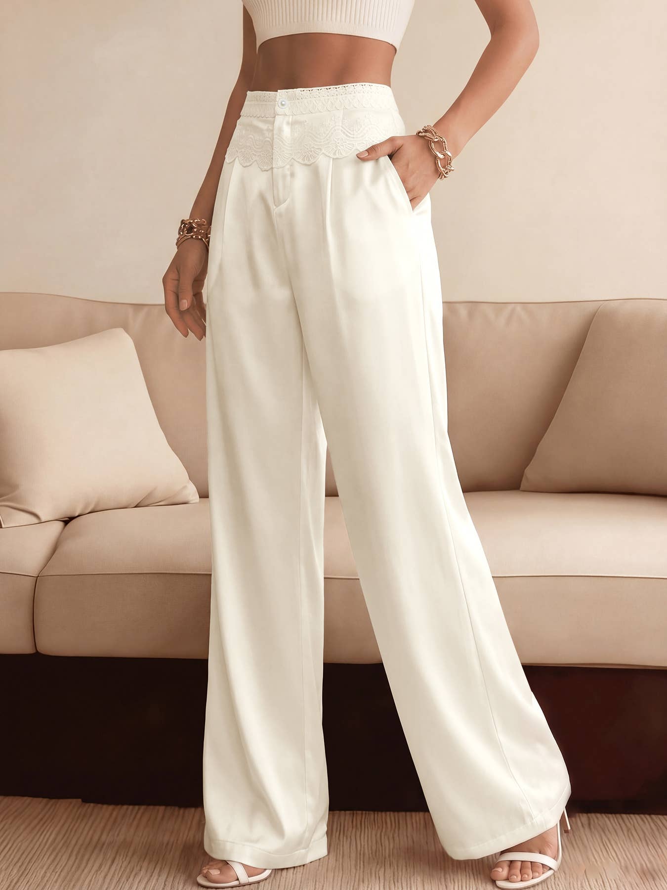 High Waist Wide Leg Pants with Lace Trim Waistband and Tailo