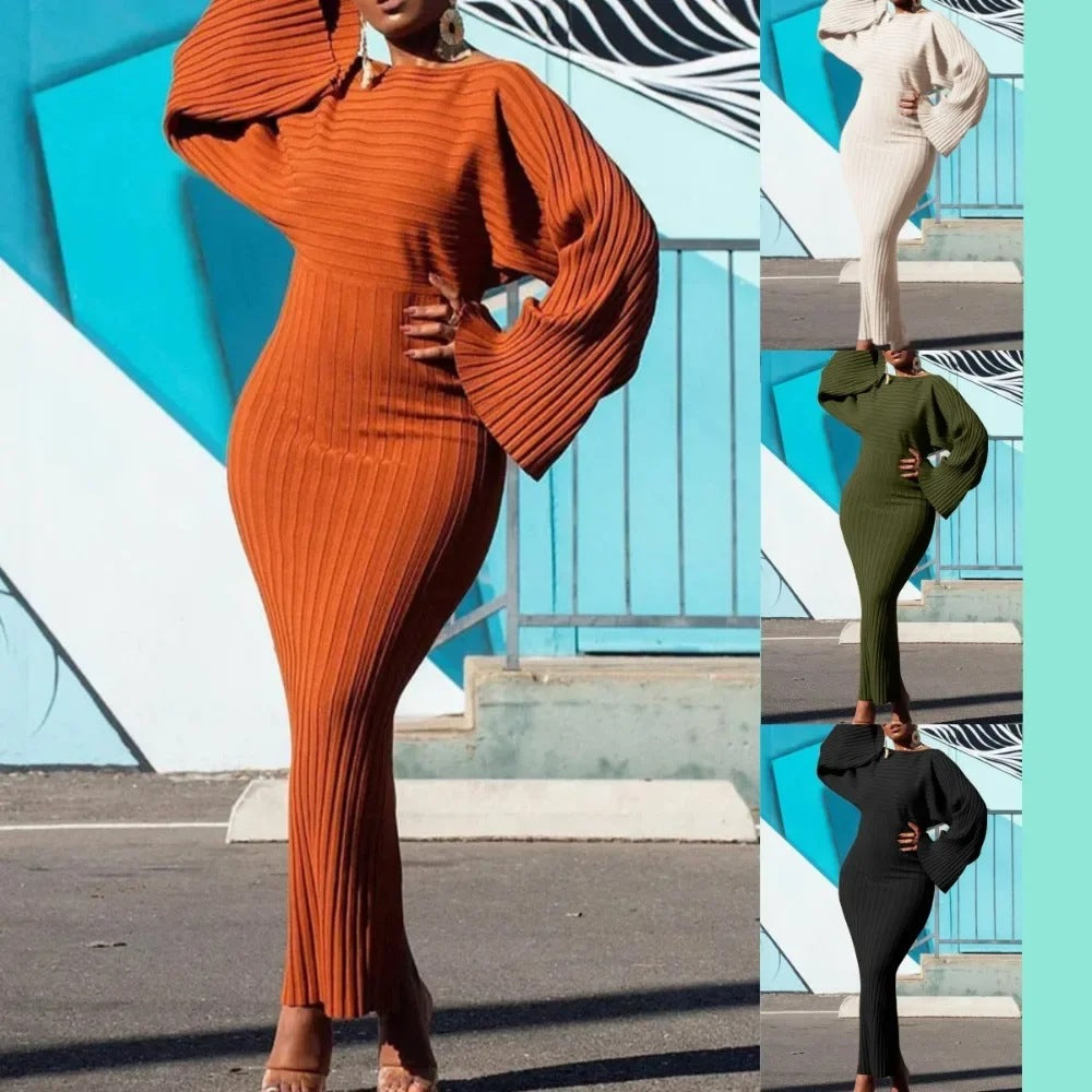 Ribbed Knit Long Sleeve Bell Sleeve Bodycon Dress | Women's Statement Sweater Dress