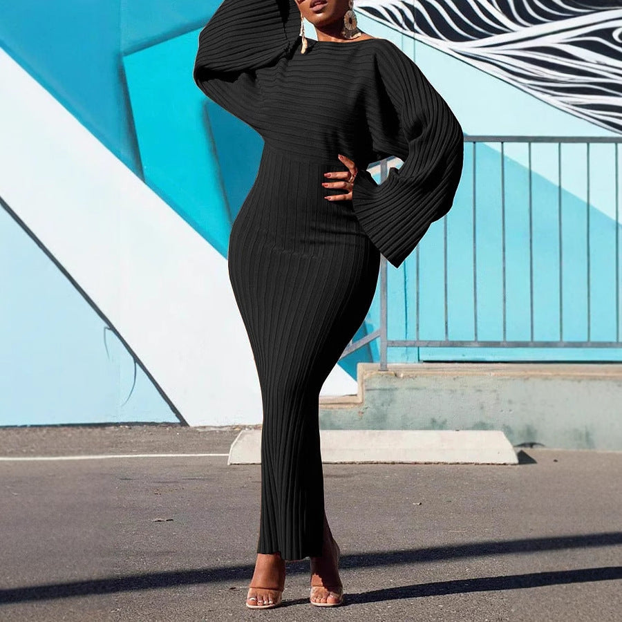 Ribbed Knit Long Sleeve Bell Sleeve Bodycon Dress | Women's Statement Sweater Dress