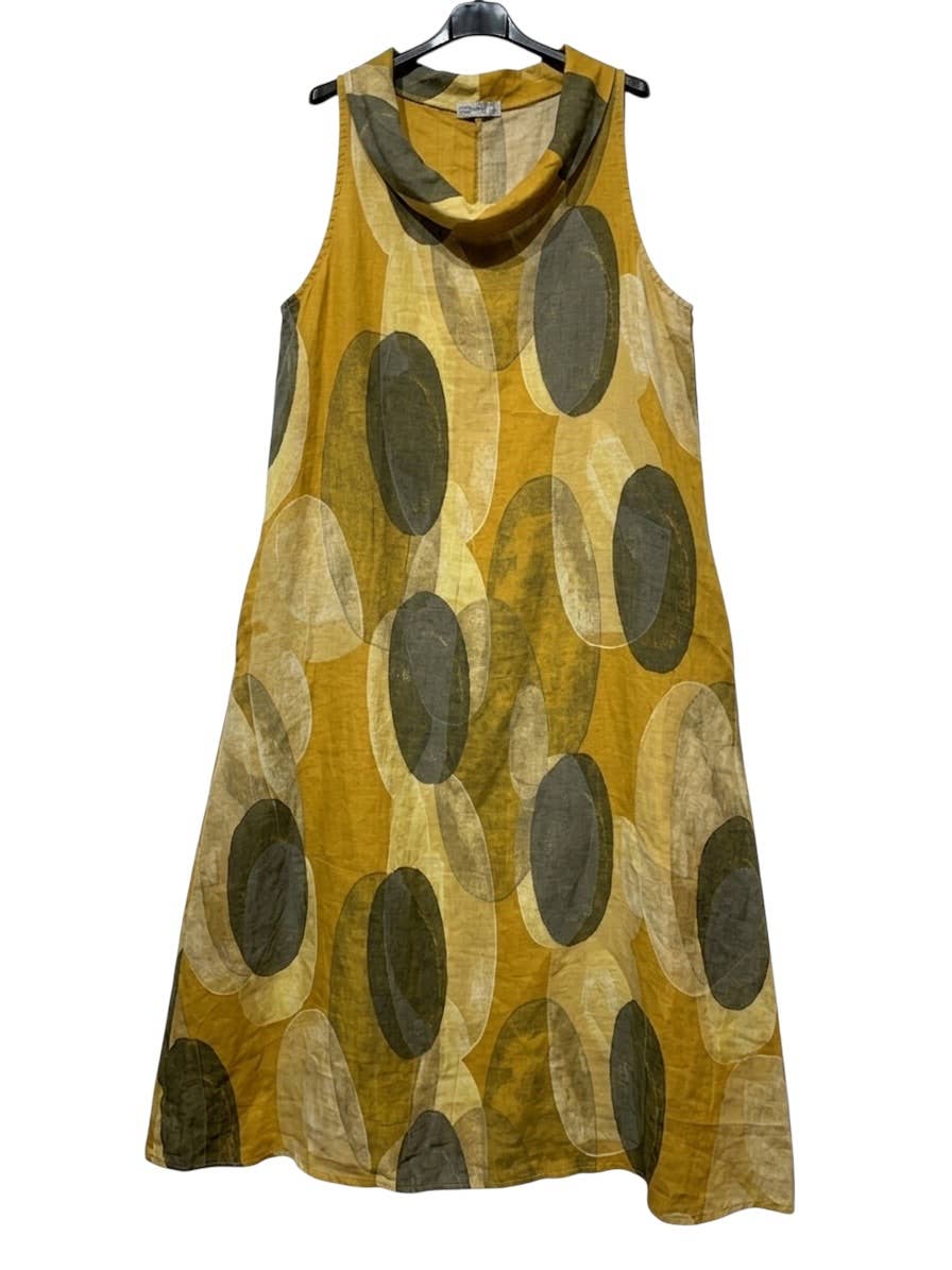 A Long Linen Dress with Oval Motifs and Draped Neckline