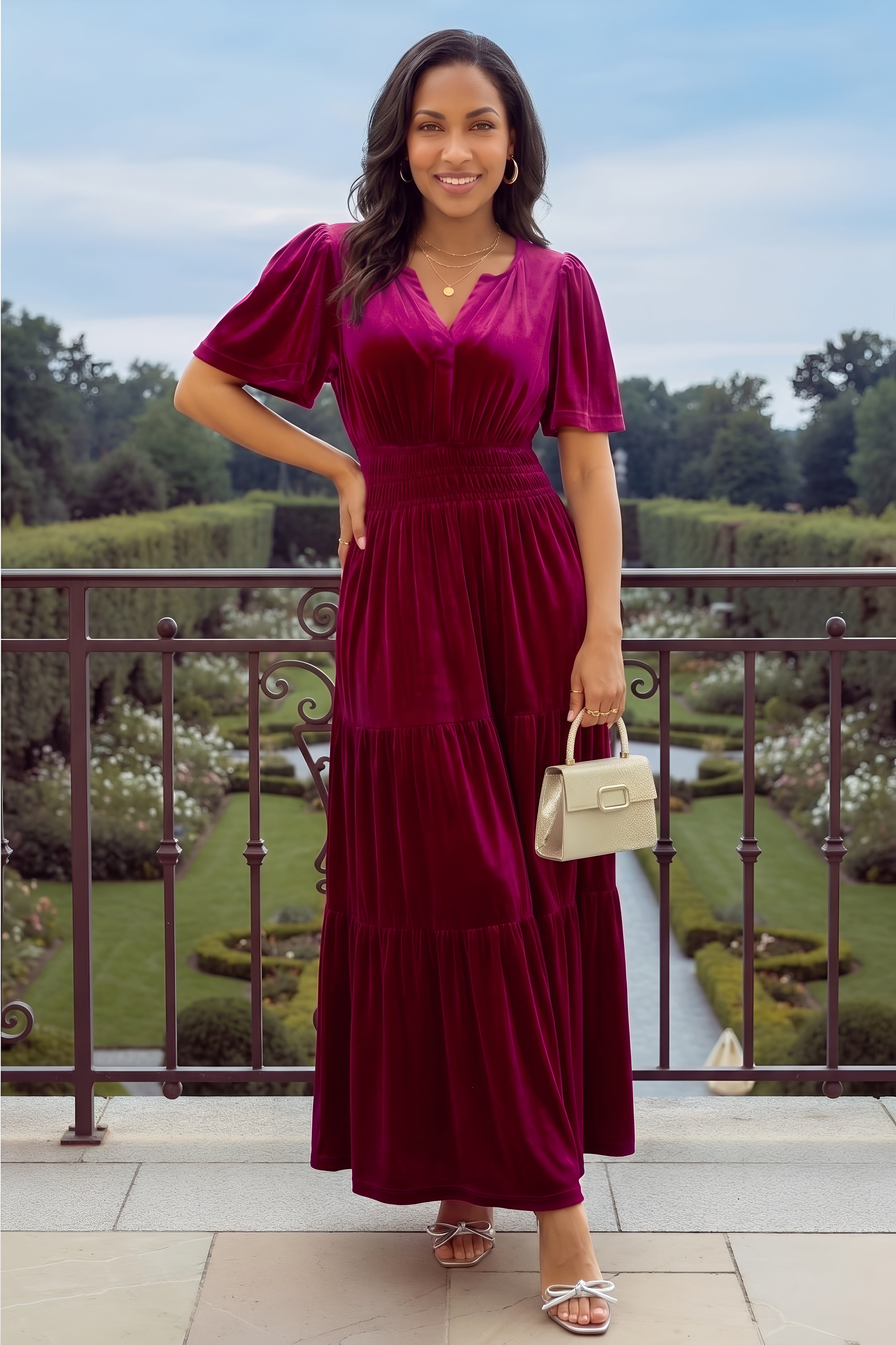 Burgundy Velvet Tiered Maxi Dress | Flutter Sleeve V-Neck Evening Dress