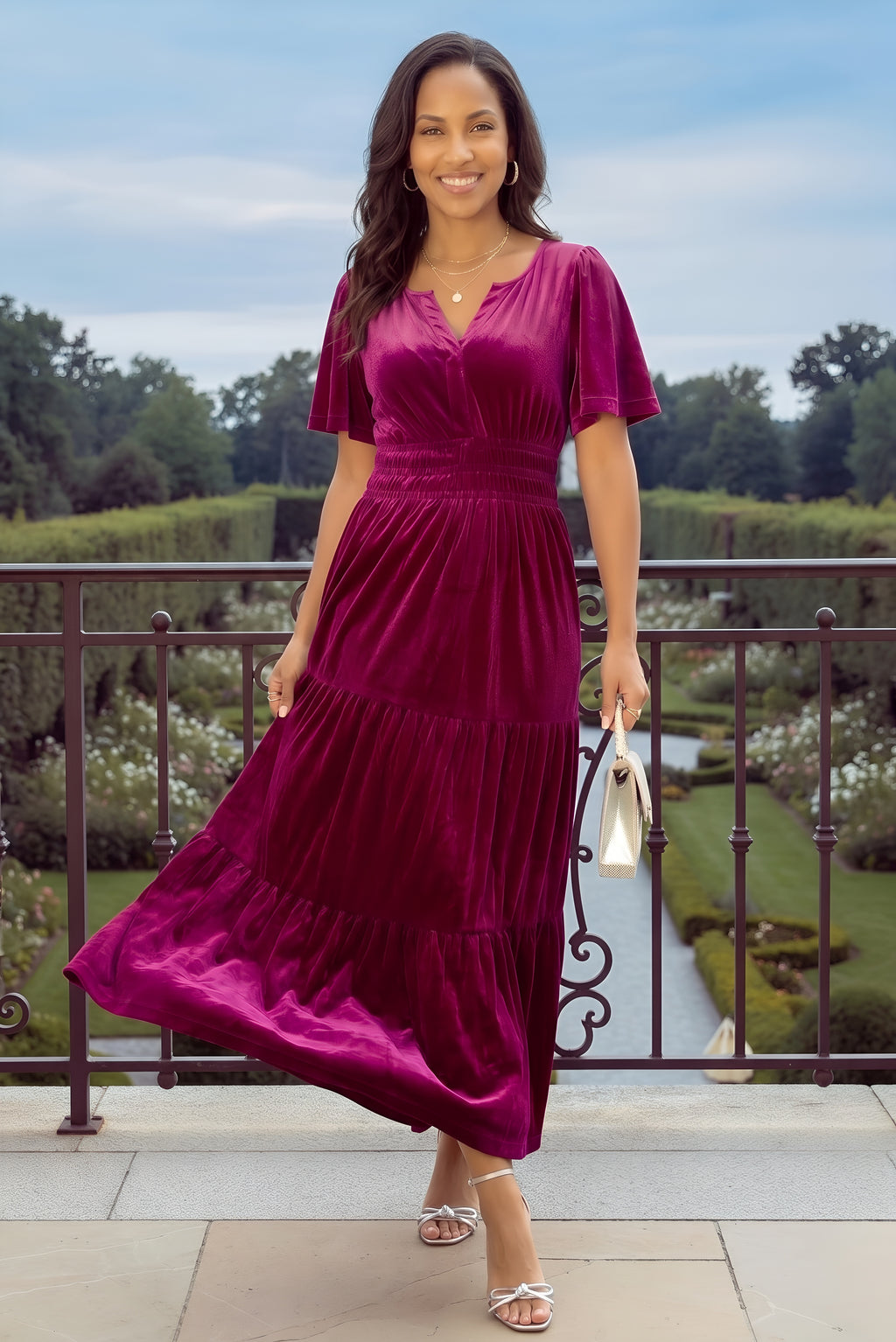 Burgundy Velvet Tiered Maxi Dress | Flutter Sleeve V-Neck Evening Dress