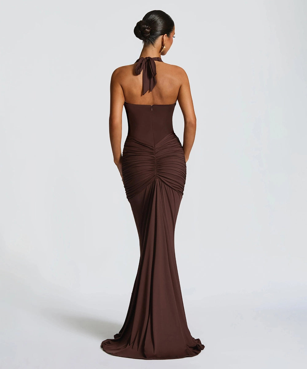 Ruched Plunge Halter Maxi Dress with Side Ruched Details