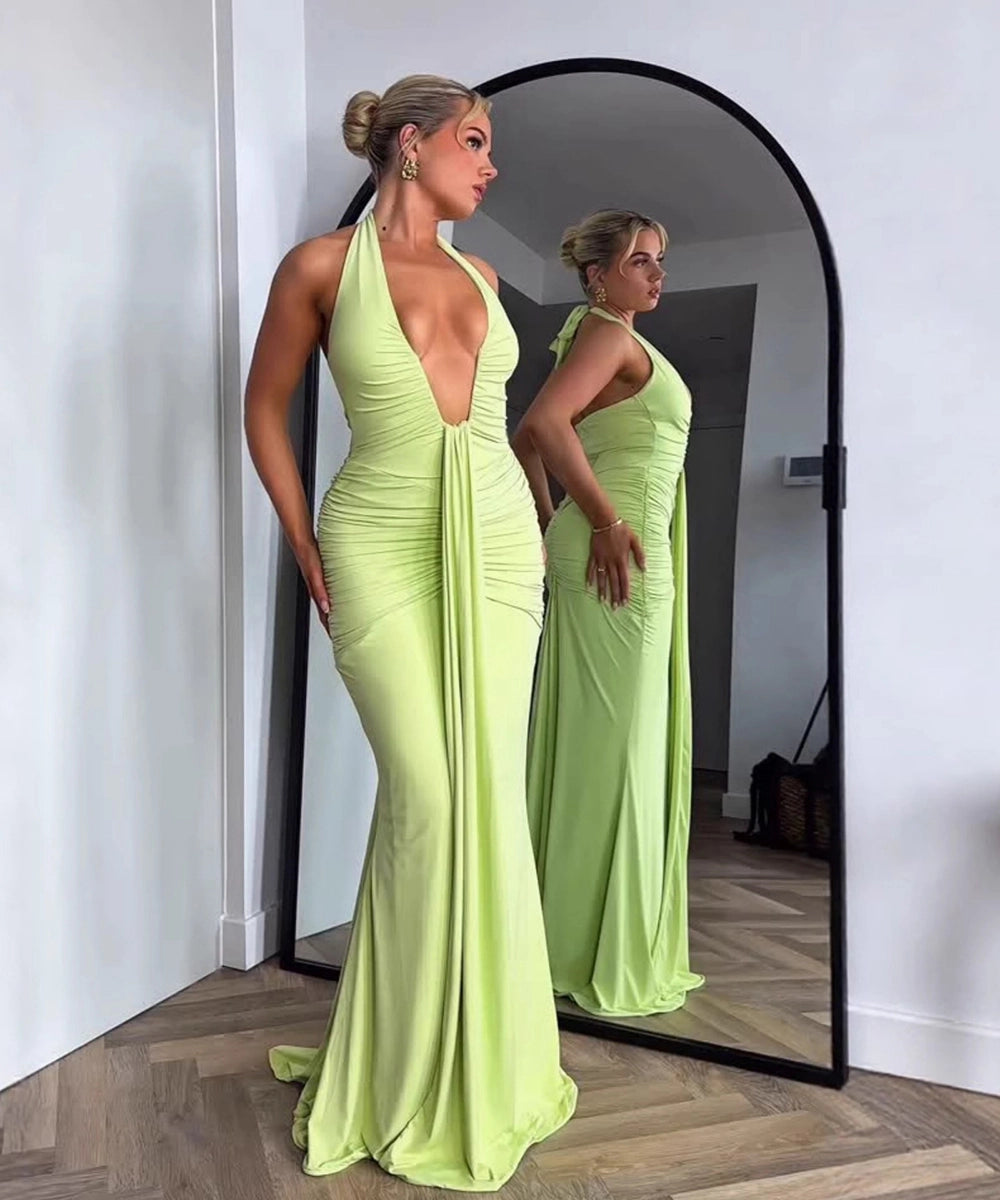 Ruched Plunge Halter Maxi Dress with Side Ruched Details
