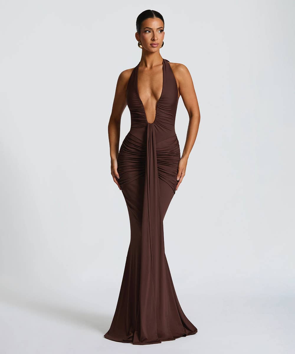 Ruched Plunge Halter Maxi Dress with Side Ruched Details