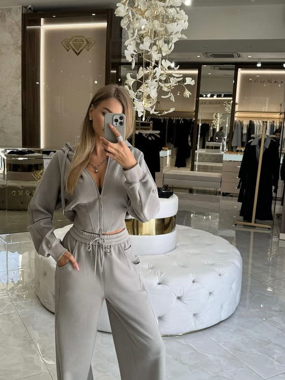 Noir Riviera cinched waist zip hoodie sweatsuit set, front view
