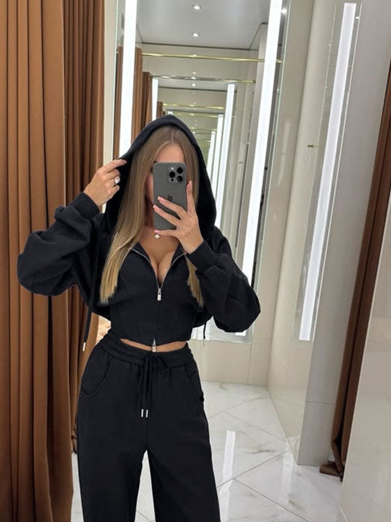 Noir Riviera cinched waist zip hoodie sweatsuit set, side view