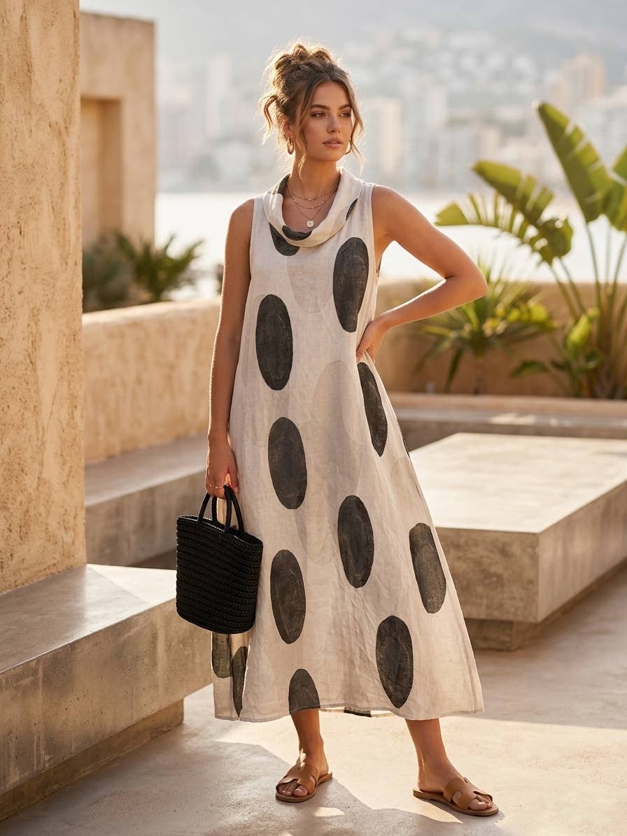 A Long Linen Dress with Oval Motifs and Draped Neckline