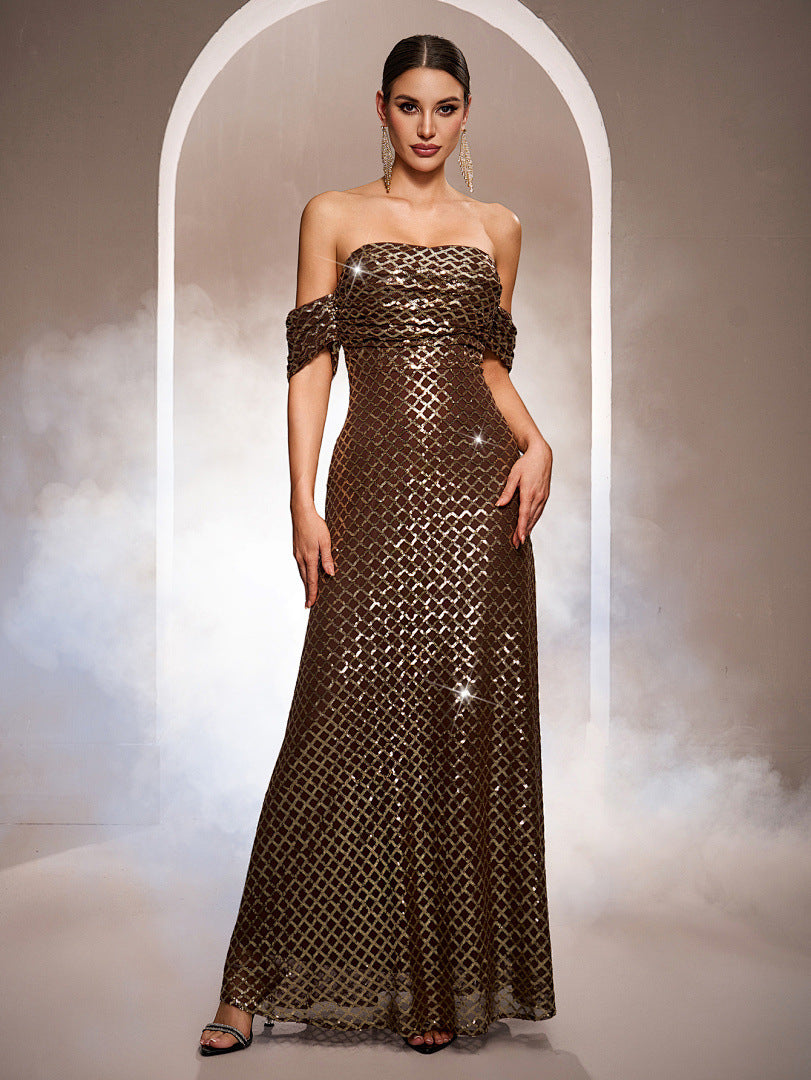 Sequined Off-the-Shoulder A-Line Evening Gown | Noir Riviera