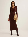 Knit midi dress fabric texture and drape detail, brown V-neck dress, Noir Riviera