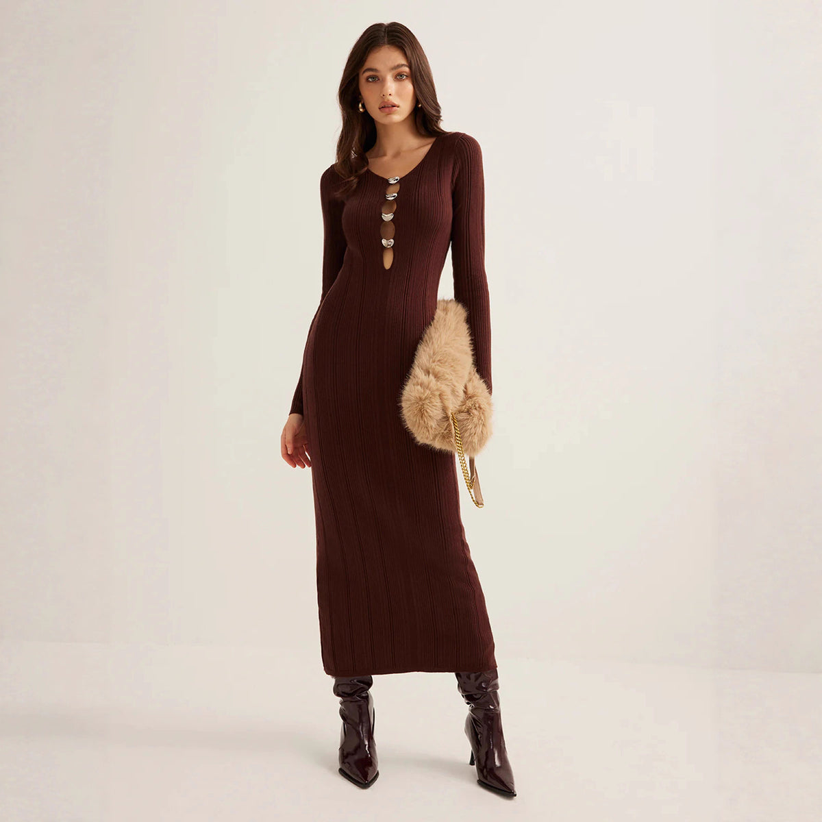Retro V-neck knit midi dress in espresso brown — slim-fit long sleeve dress, Noir Riviera