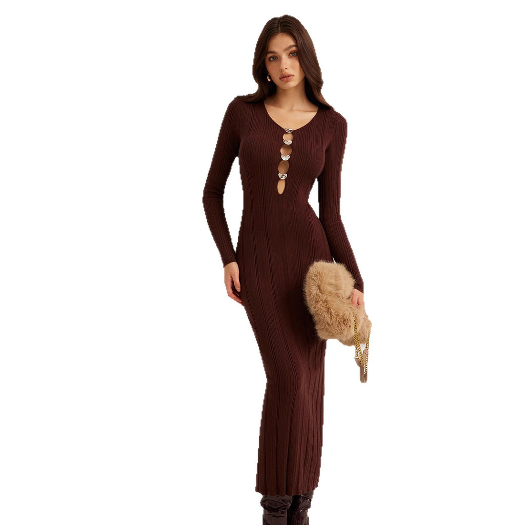 Back view of brown knit midi dress with slim-fit long sleeves, Noir Riviera